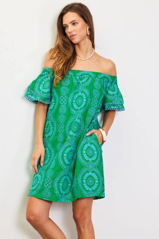 Elle Embroidered Eyelet Off Shoulder Dress