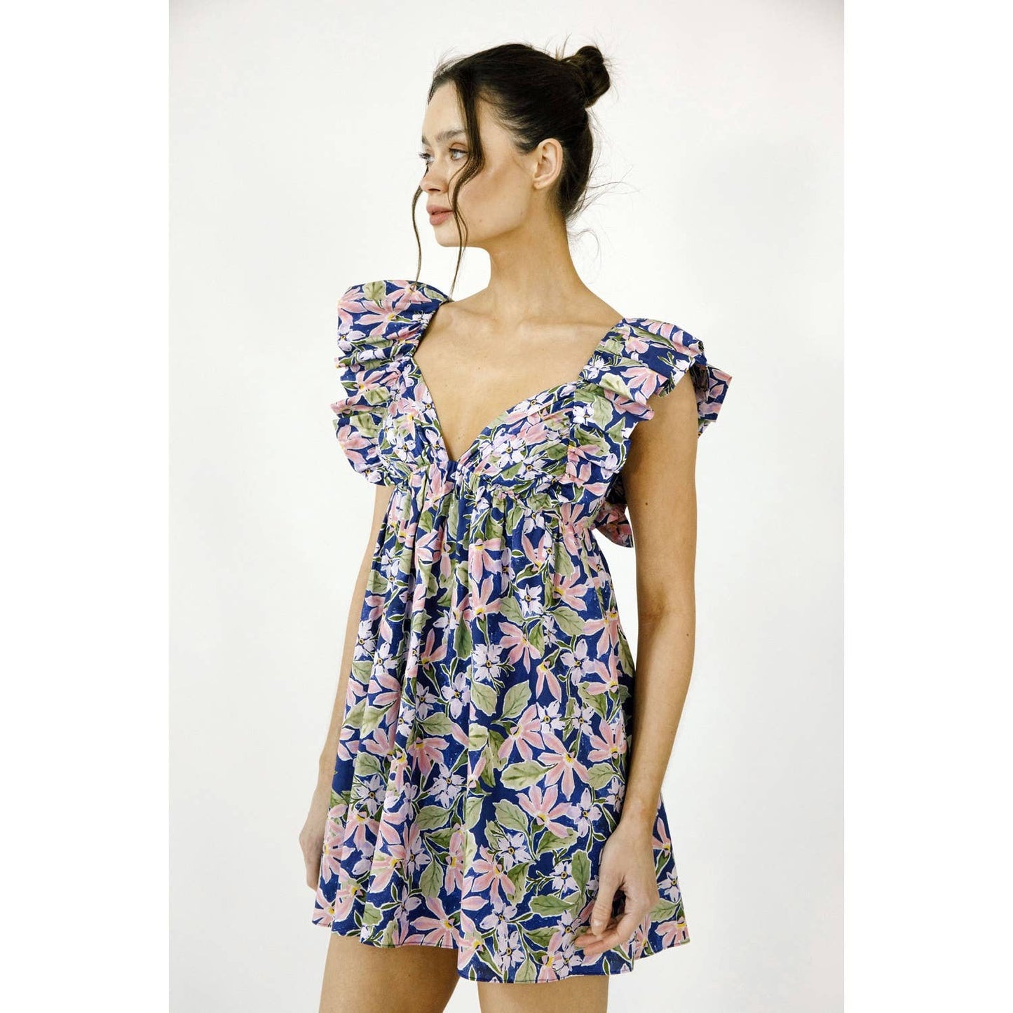 CATE LARGE MULTI-FLORAL PRINT BABY DOLL MINI DRESS