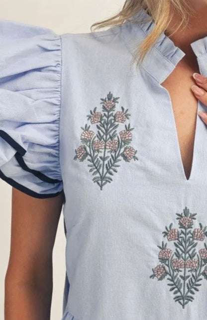 Elle embroidered ruffle sleeve dress