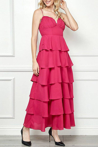 SLEEVELESS V-NECK RUFFLE TIERED MAXI DRESS