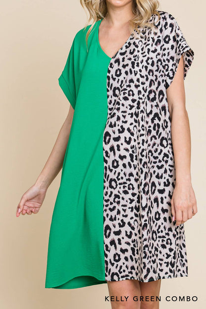 20346W-Air Flow & Leopard Print  Color Block V Neck Dress