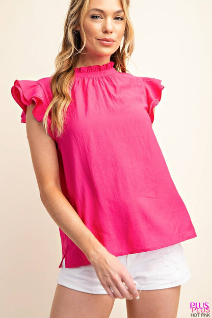 CELY TEXTURED TOP RUFFLE NECK BACK BUTTON CLOSER