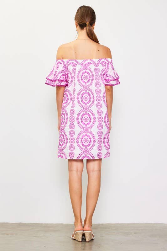 Elle Embroidered Eyelet Off Shoulder Dress