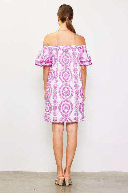 Elle Embroidered Eyelet Off Shoulder Dress