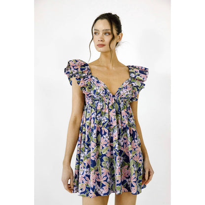 CATE LARGE MULTI-FLORAL PRINT BABY DOLL MINI DRESS