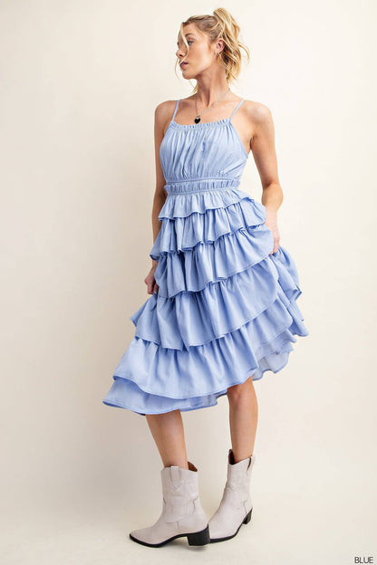 FLOWY ELASTIC WAIST TIERED LAYER RUFFLE MIDI DRESS