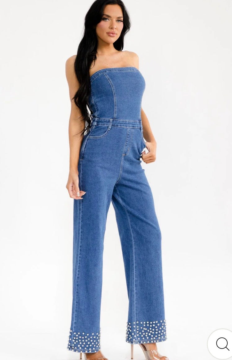 Diana denim romper with rhinestones