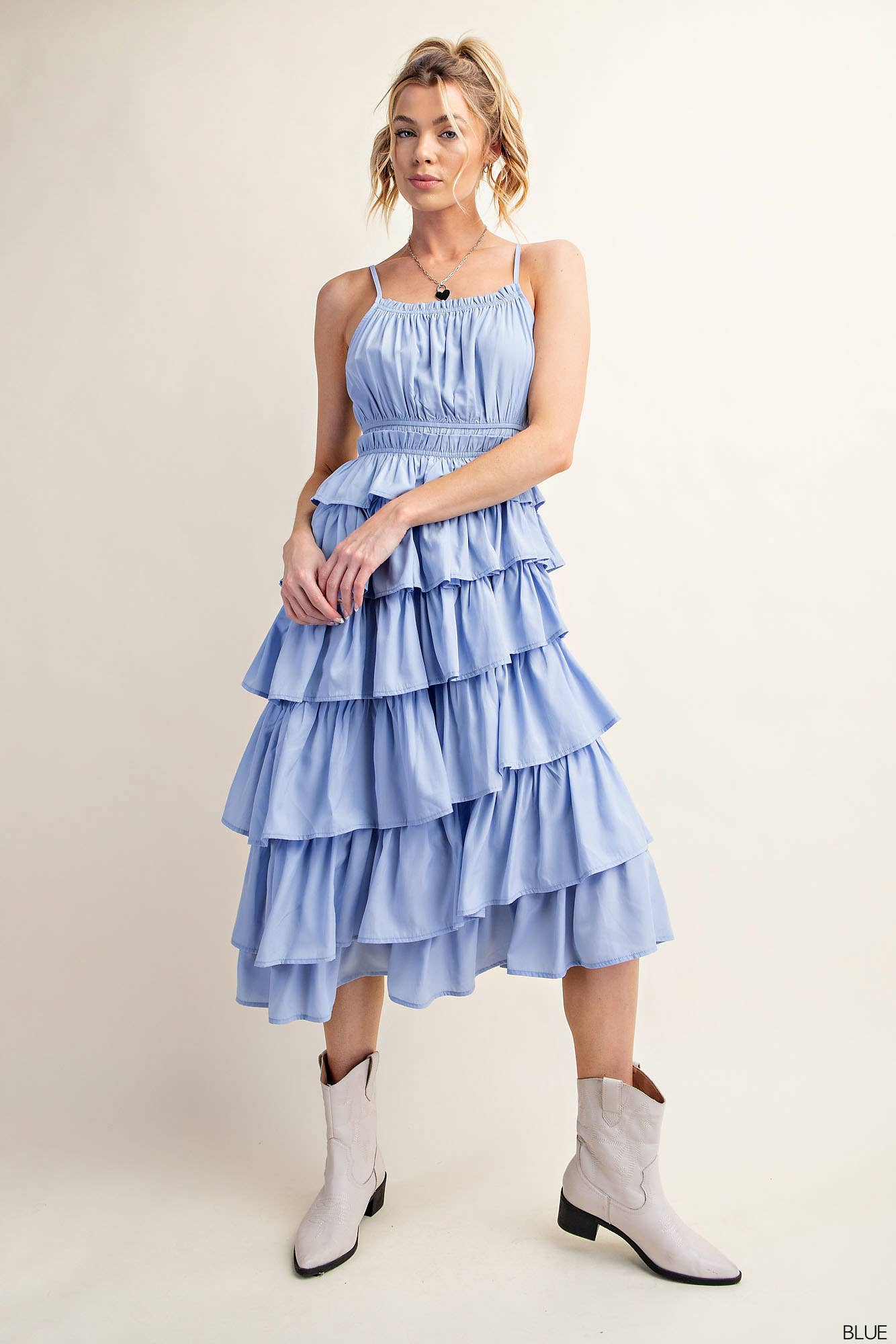 FLOWY ELASTIC WAIST TIERED LAYER RUFFLE MIDI DRESS