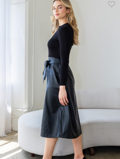 Miranda mock neck faux leather midi dress