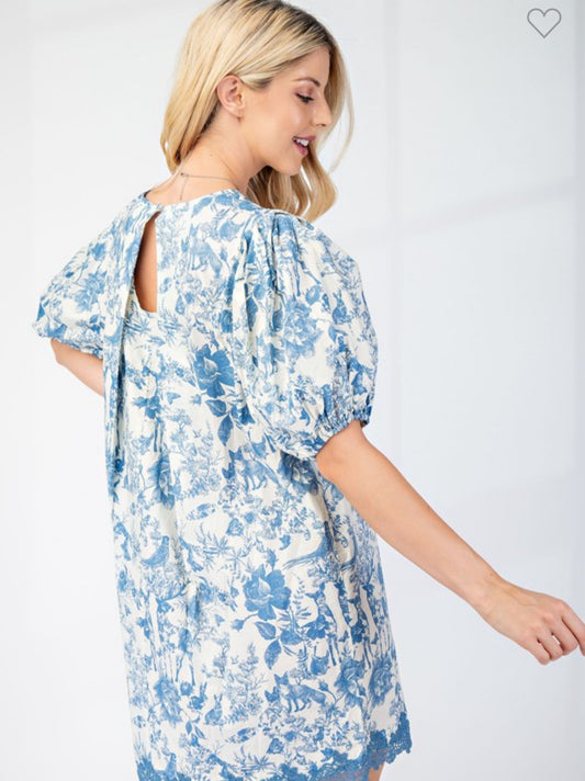 Presley pleated round neck puff sleeve dress