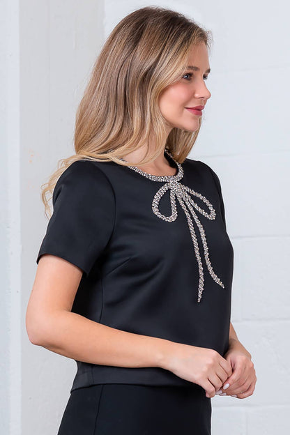 HT28314T-SHORT SLEEVE TOP WITH CRYSTAL BOW