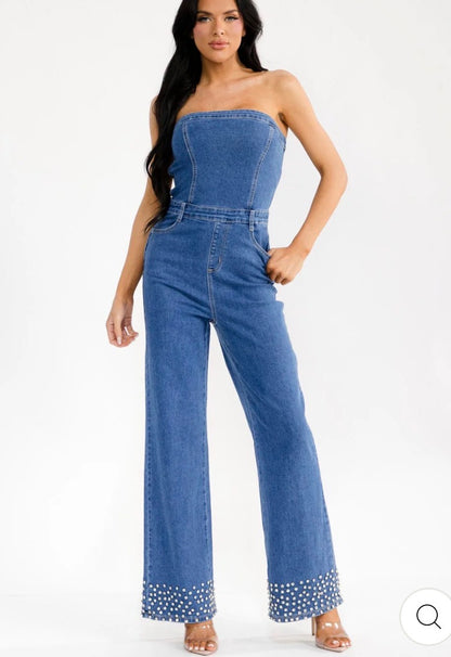 Diana denim romper with rhinestones