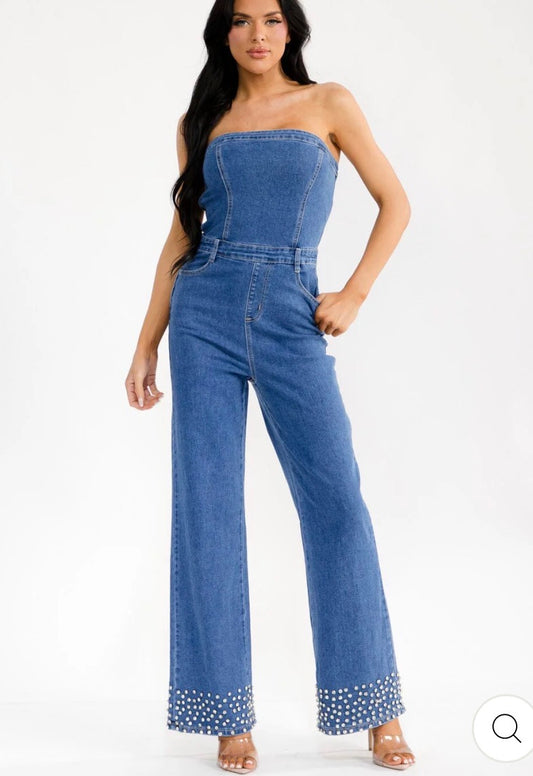 Diana denim romper with rhinestones