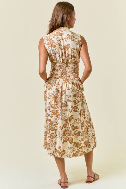 SAHARA PAISLEY V-NECK SMOCKED WAIST ZIP FRONT MIDI DRESS