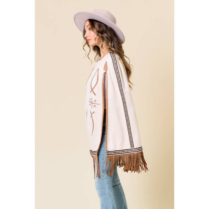 Carrie CREAM FRINGED CAPE WITH EMBROIDERY