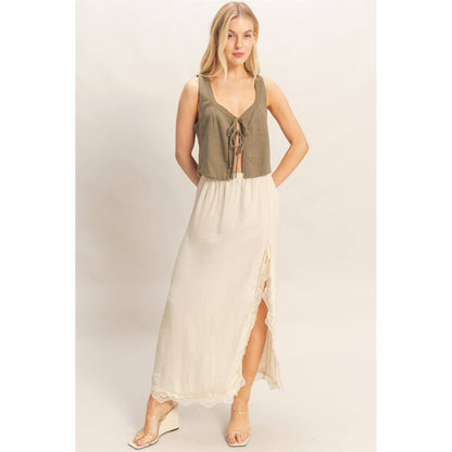 Skirt With Front Slit And Lace Hem