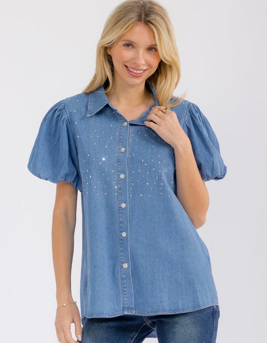 Rihanna rhinestone denim button down puff sleeve top