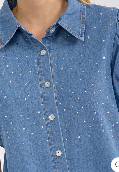 Rihanna rhinestone denim button down puff sleeve top