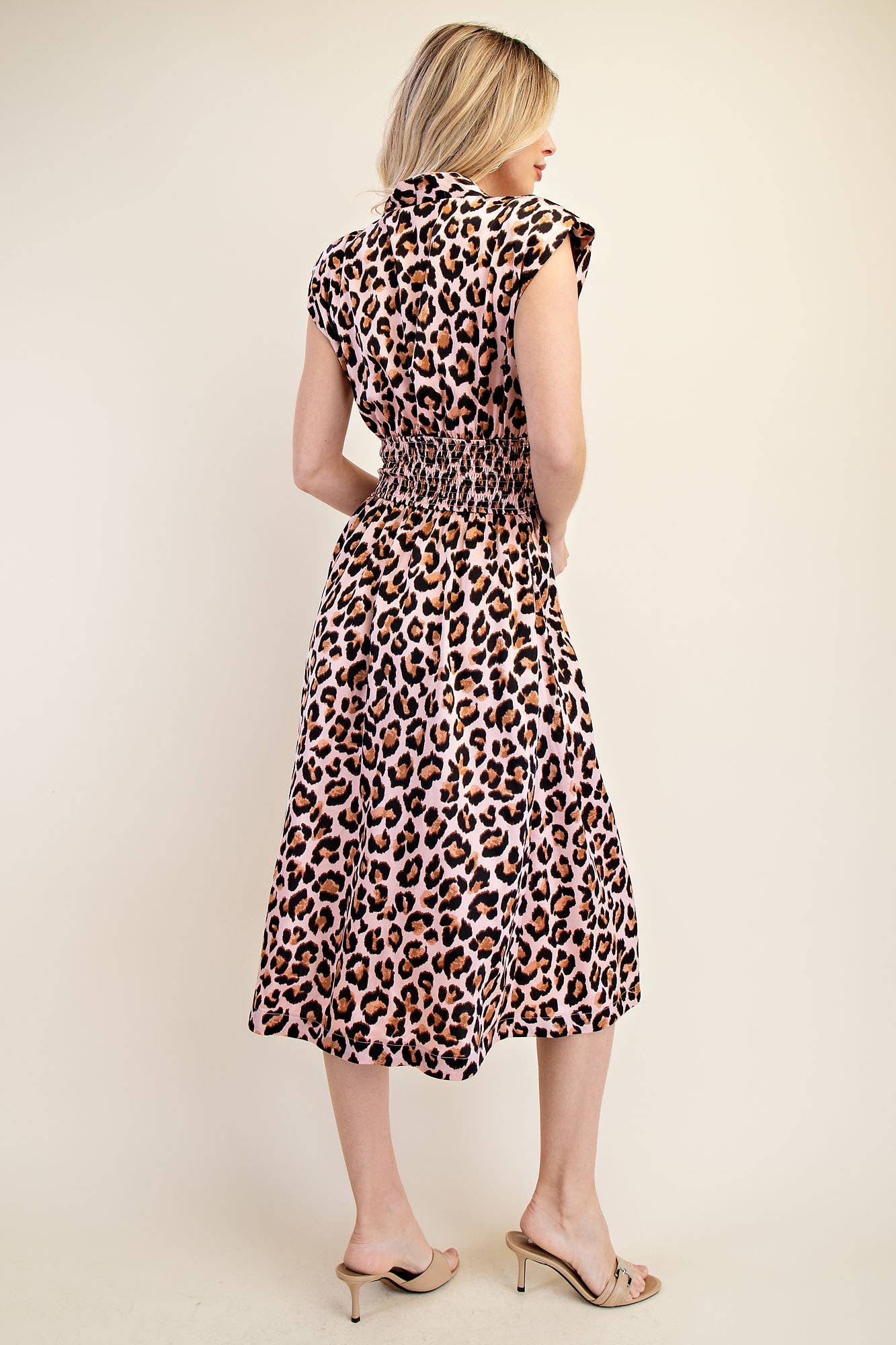 Vada V-Neck Waist Smocked Front Zipper Midi Dress