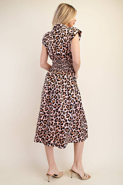 Vada V-Neck Waist Smocked Front Zipper Midi Dress