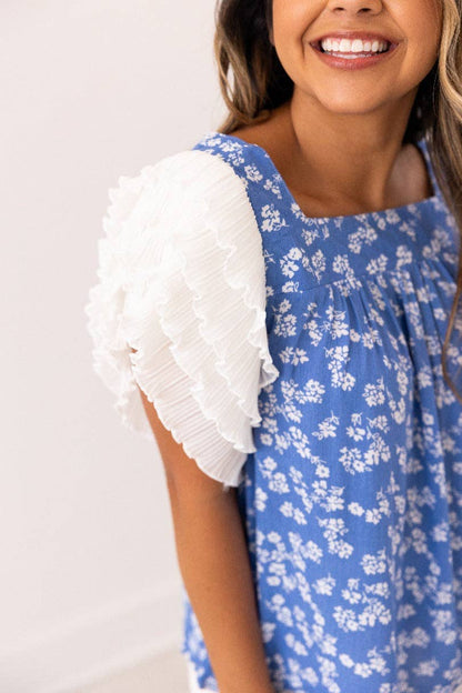 Blue Floral Blouse Ruffle Sleeve