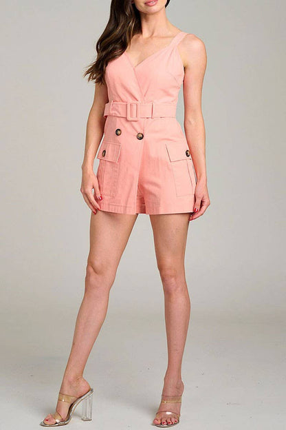 SOLID SURPLICE NECK POCKETS BELTED ROMPER