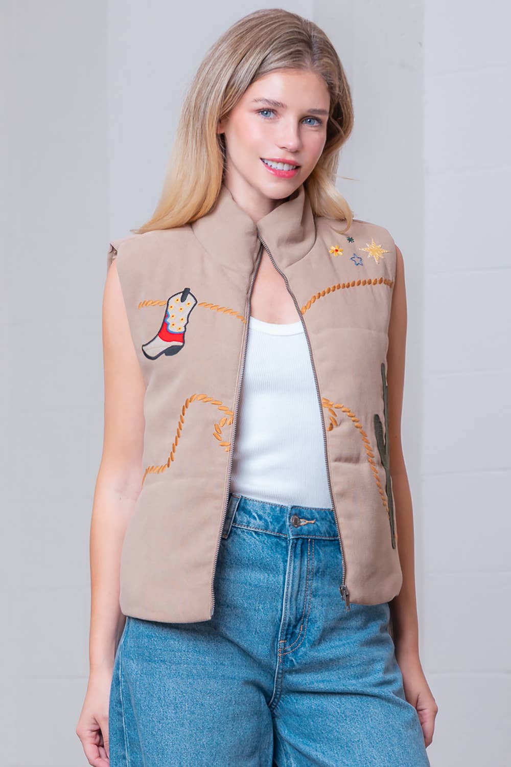 HJ75224T-SLVLESS WESTERN EMBROIDERY WOVEN VEST