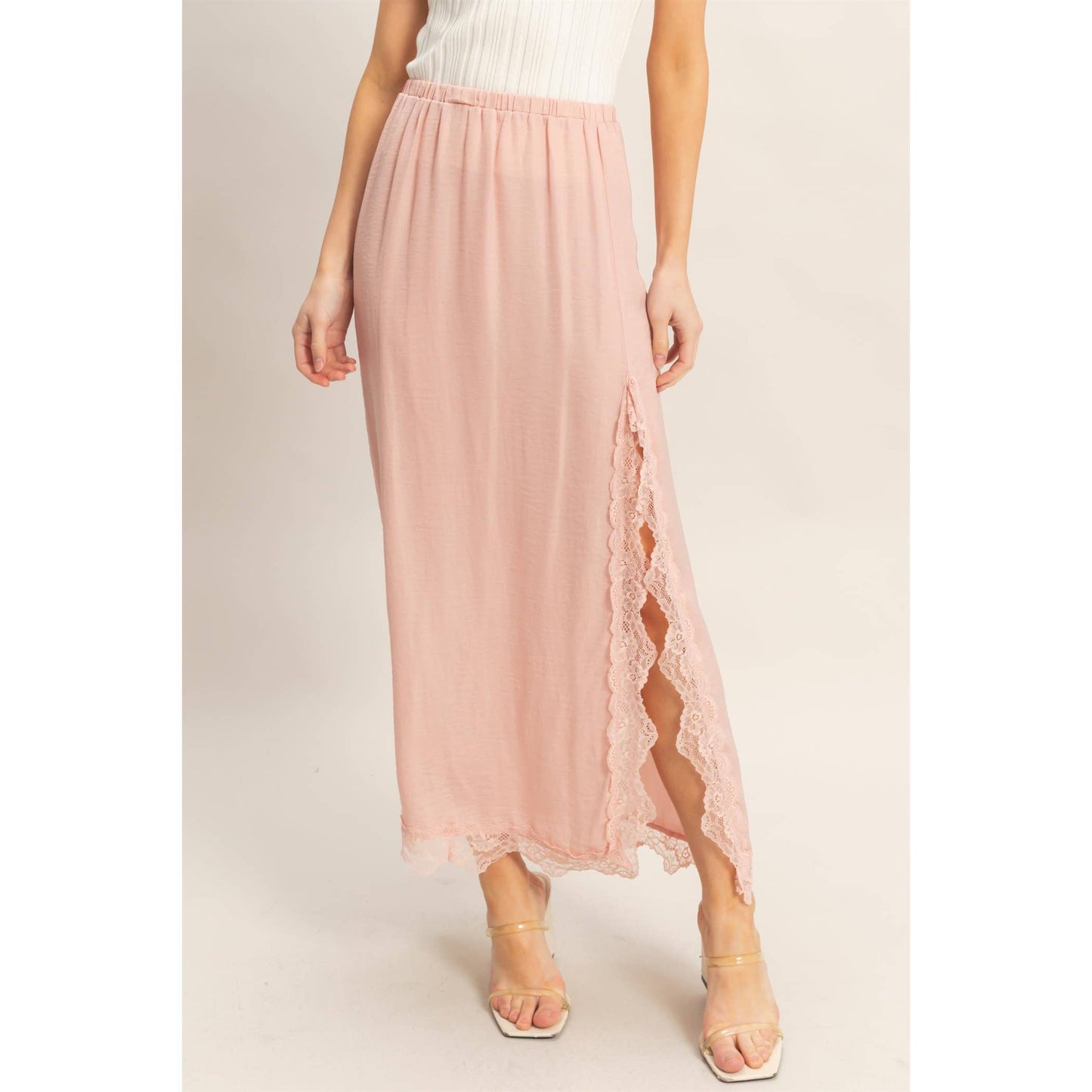 Skirt With Front Slit And Lace Hem