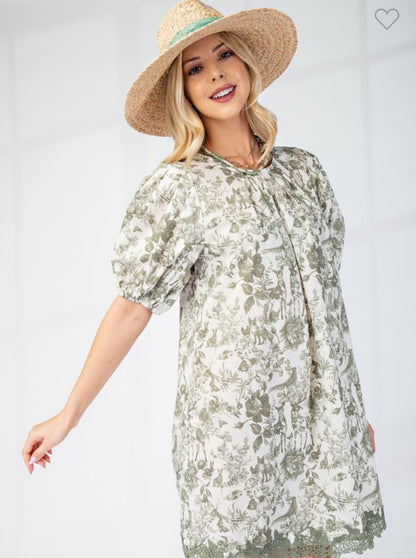 Presley pleated round neck puff sleeve dress
