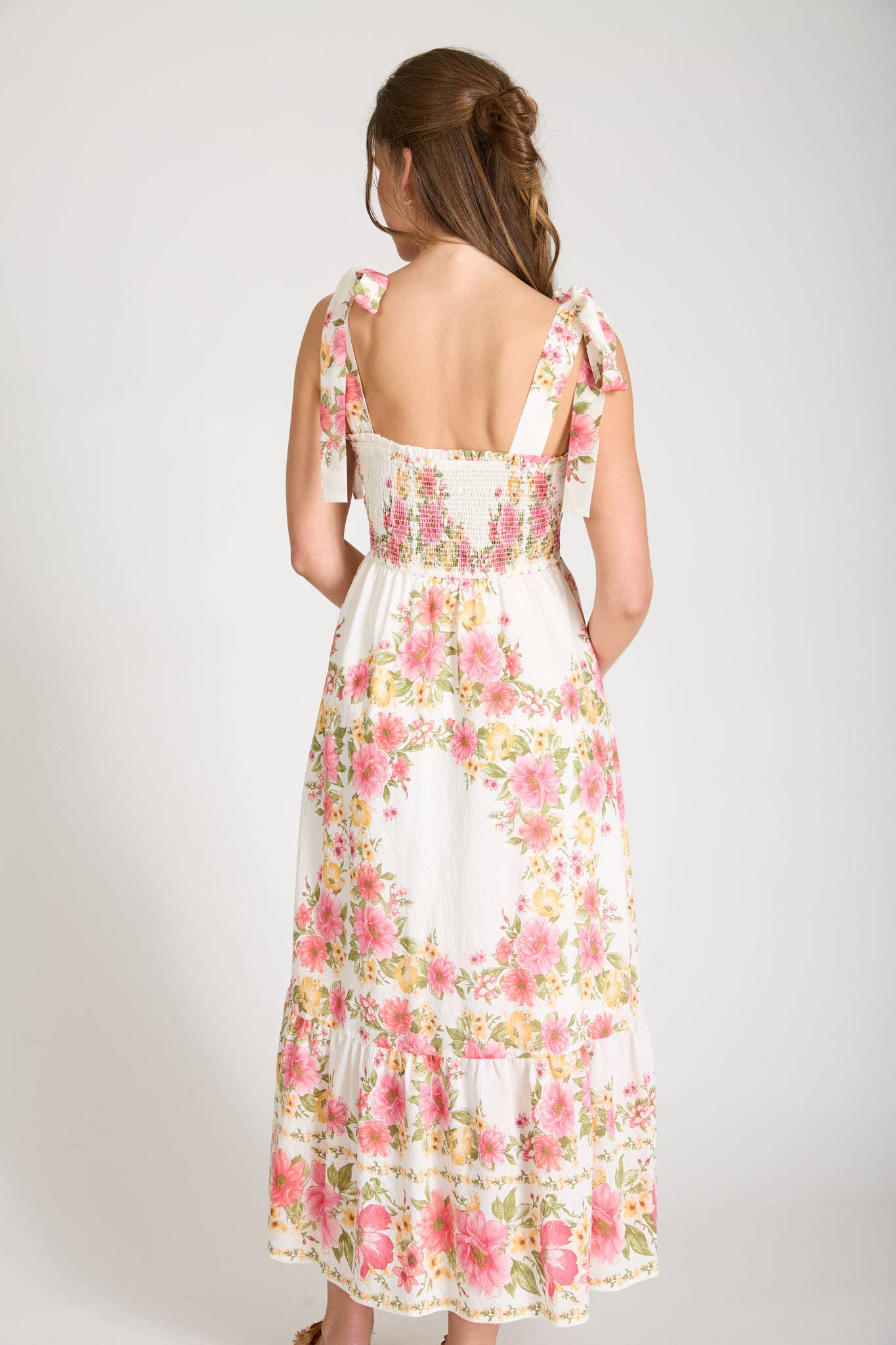 Phoebe floral TIE STRAP SMOCKED BORDER PRINT MIDI DRESS