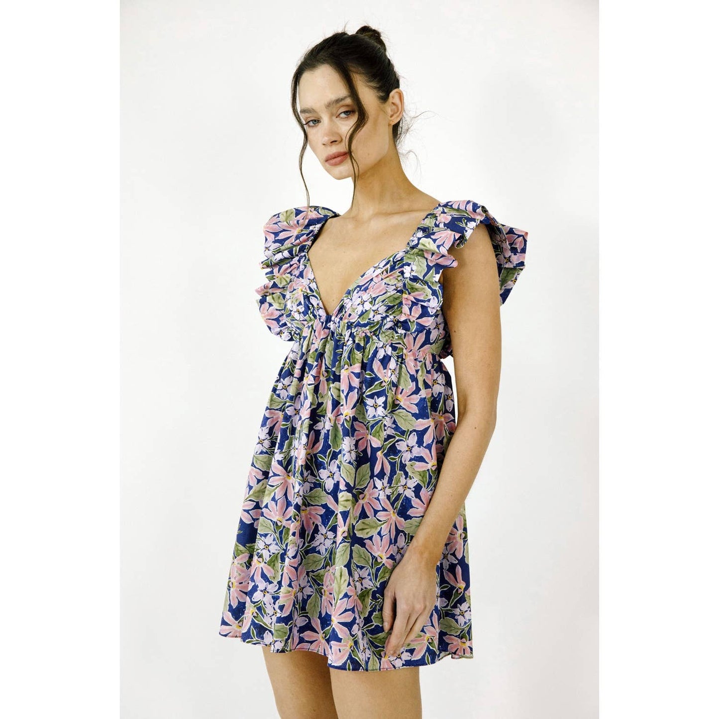 CATE LARGE MULTI-FLORAL PRINT BABY DOLL MINI DRESS