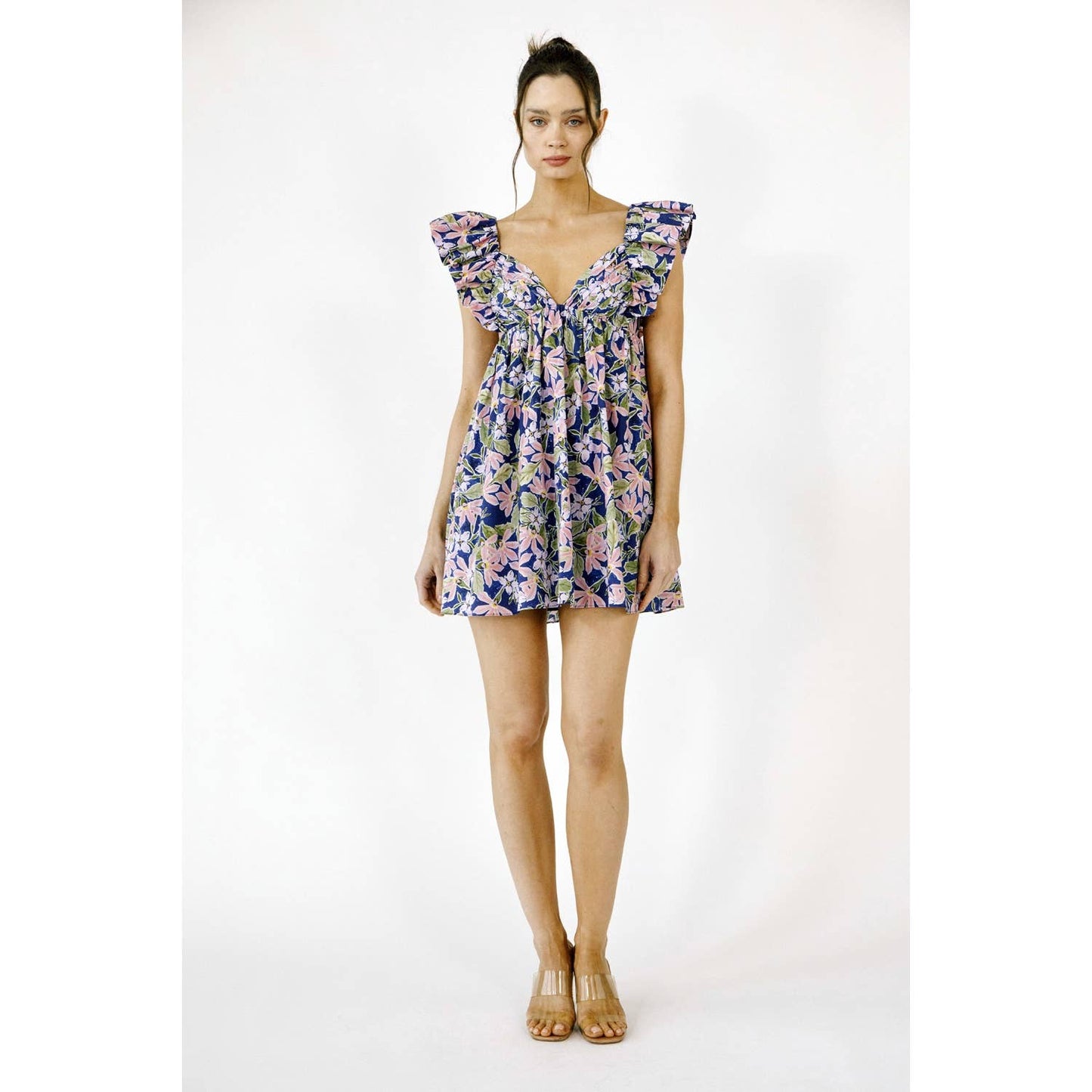 CATE LARGE MULTI-FLORAL PRINT BABY DOLL MINI DRESS