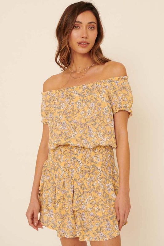 Nancy Off shoulder Smocked Tiered Ruffle Romper