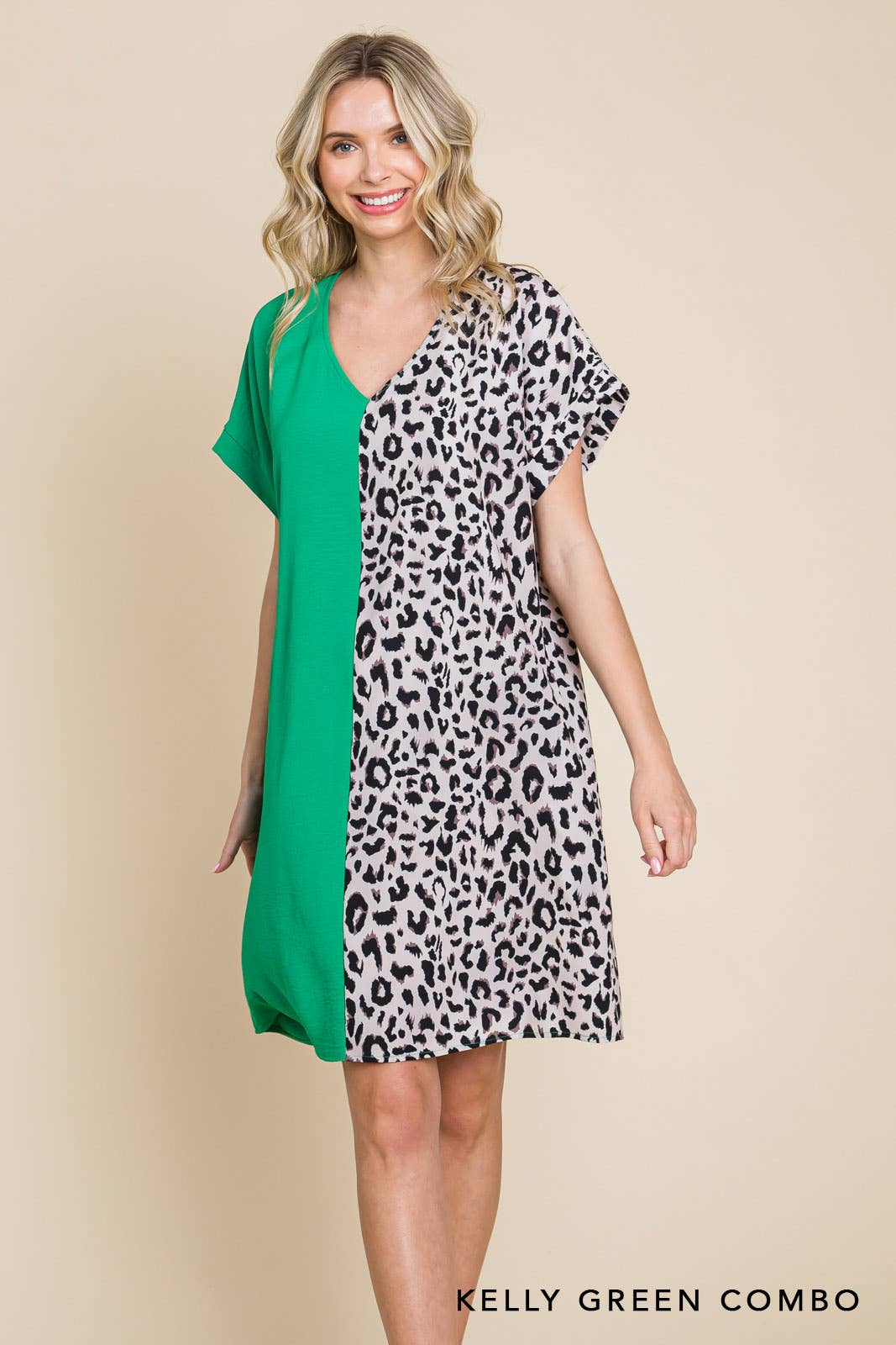 20346W-Air Flow & Leopard Print  Color Block V Neck Dress
