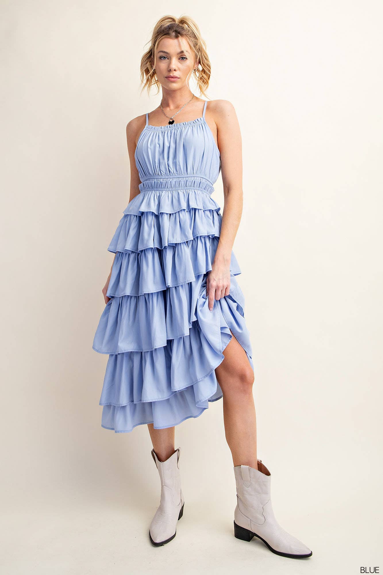 FLOWY ELASTIC WAIST TIERED LAYER RUFFLE MIDI DRESS