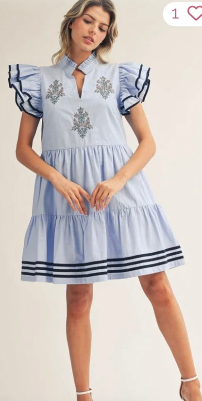 Elle embroidered ruffle sleeve dress