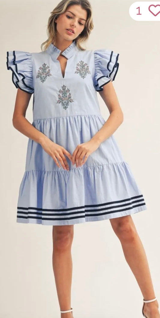 Elle embroidered ruffle sleeve dress