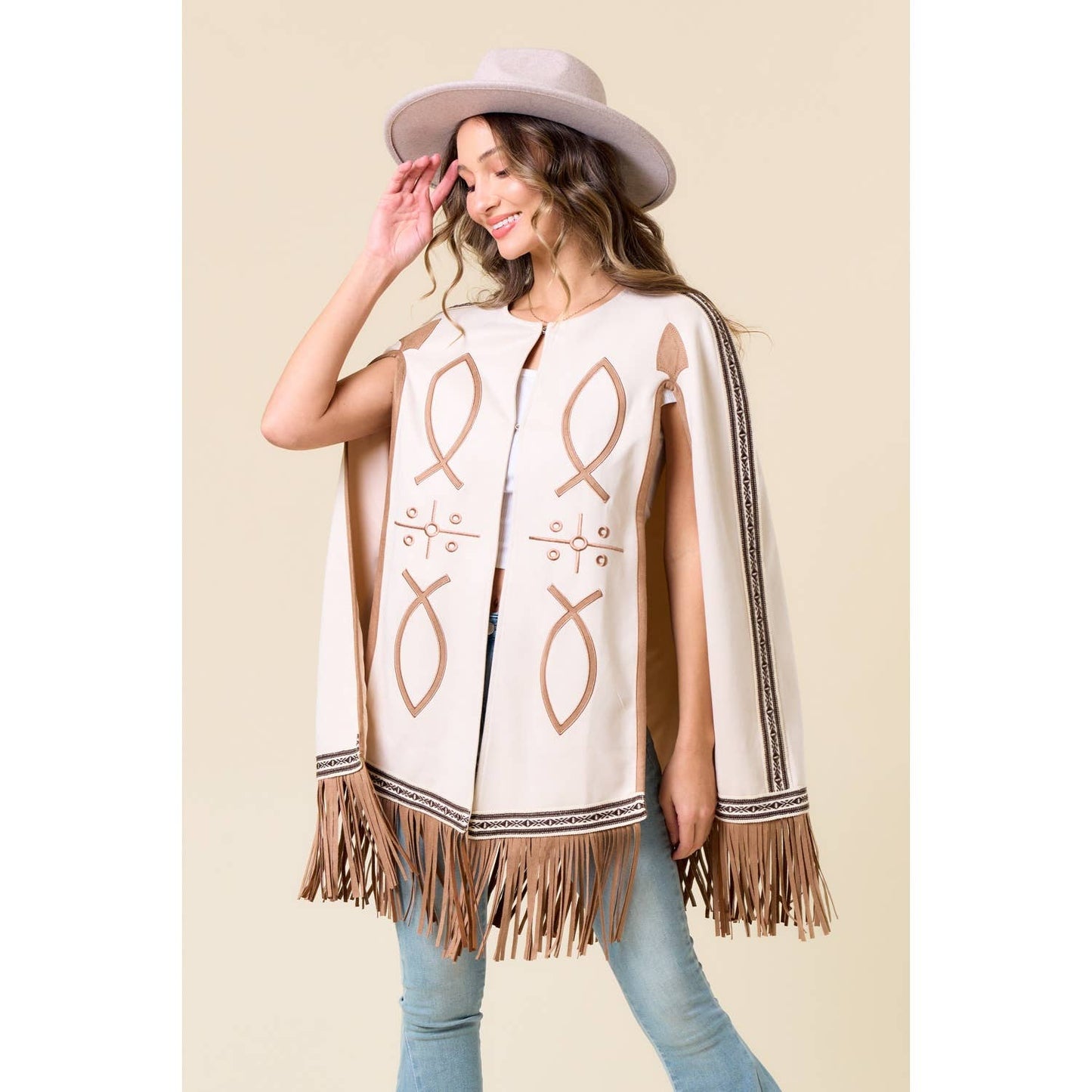 Carrie CREAM FRINGED CAPE WITH EMBROIDERY