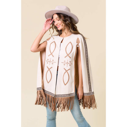 Carrie CREAM FRINGED CAPE WITH EMBROIDERY