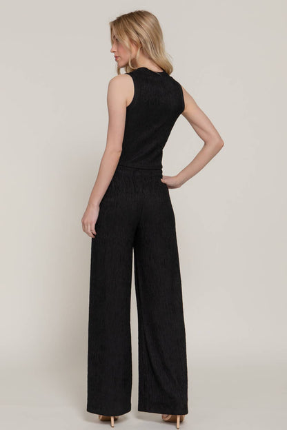 LOUNGE SET Sleeveless Crew Neck Top & Wide Crinkle Knit Pants Set by