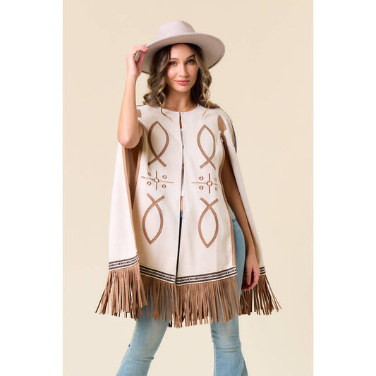 Carrie CREAM FRINGED CAPE WITH EMBROIDERY