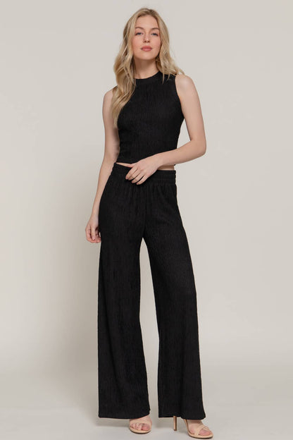 LOUNGE SET Sleeveless Crew Neck Top & Wide Crinkle Knit Pants Set by