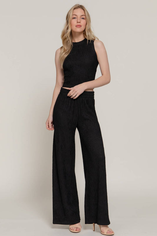 LOUNGE SET Sleeveless Crew Neck Top & Wide Crinkle Knit Pants Set by