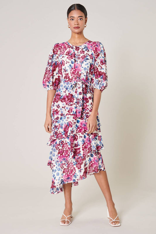 Monique Floral Asymmetrical Ruffle Celia Midi Dress