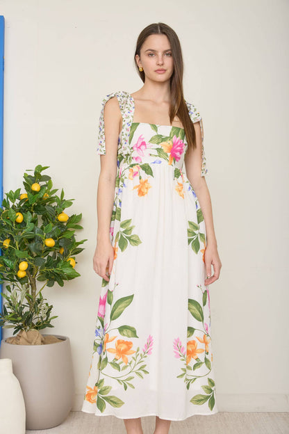 Florence FLORAL TIE STRAP DETAIL EMPIRE WAIST MIDI DRESS