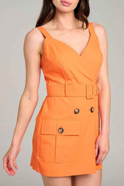SOLID SURPLICE NECK POCKETS BELTED ROMPER