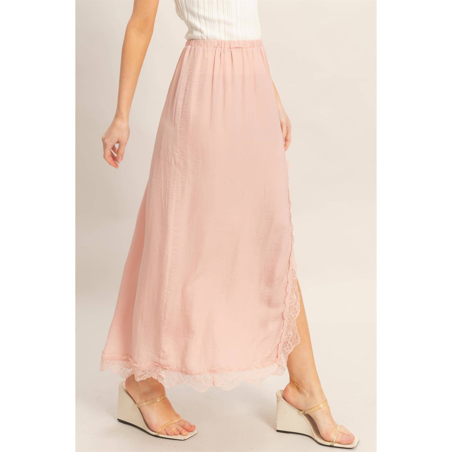 Skirt With Front Slit And Lace Hem