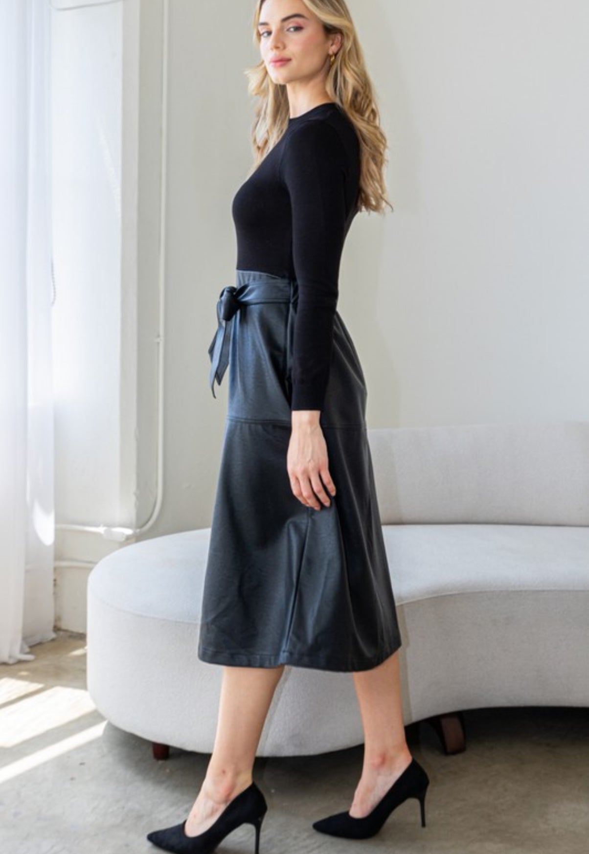 Miranda mock neck faux leather midi dress