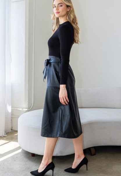 Miranda mock neck faux leather midi dress