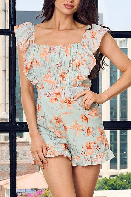 SLEEVELESS RUFFLE SQUARE NECK FLORAL ROMPER